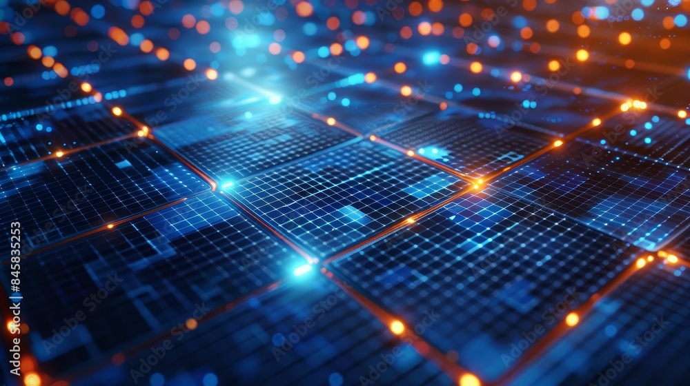 Poster abstract digital grid with glowing lights - a grid pattern with glowing lights and blue and orange h
