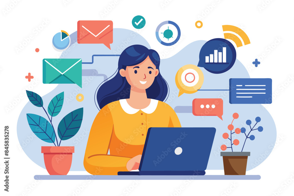 Poster an illustration of a smiling woman working on a laptop with multiple notifications on the screen. sh