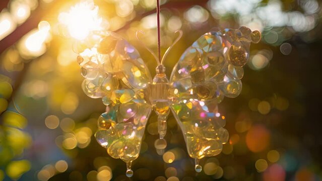 A butterflyshaped suncatcher made from repurposed plastic bottles bringing a touch of nature to any outdoor space.