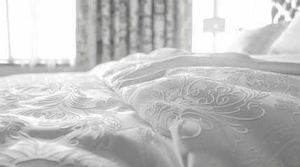 White bedspread with intricate patterns in a bright bedroom