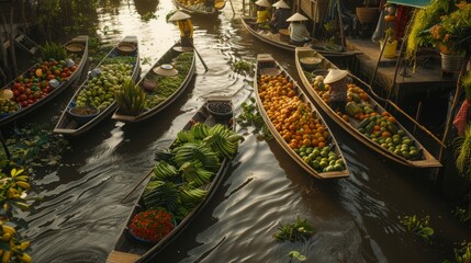 Obraz premium Vibrant floating market scene with traditional dugout canoes laden with fresh produce and goods in a serene waterway setting