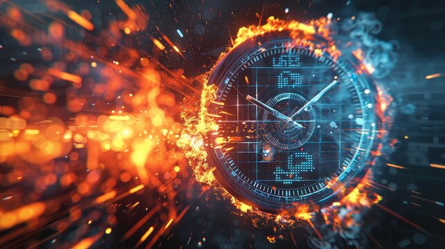 Time on Fire: A Digital Clock Exploding with Energy - A digital clock engulfed in flames and surrounded by sparks, conveying a sense of urgency and the passage of time.