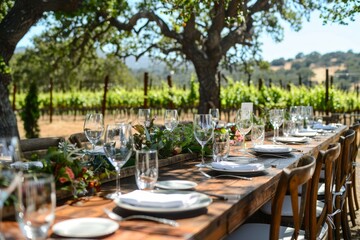 Setting up outdoor banquet tables at a winery