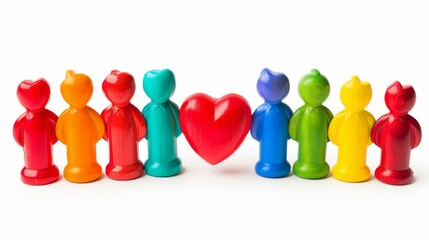 Colorful group of people figures holding red heart together, isolated on white