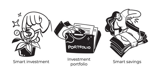 Financial literacy. Personal finance management, investing, managing expense - set of business concept illustrations. Visual stories collection.