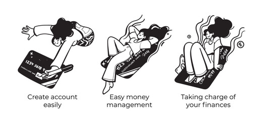 Financial literacy. Personal finance management, investing, managing expense - set of business concept illustrations. Visual stories collection.