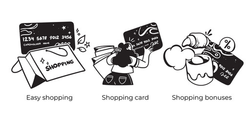 Online shopping and E-commerce concept set. Sales, loyalty program. Visual stories collection