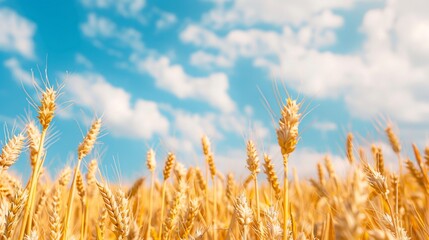 Fototapeta premium Abstract background of golden wheat ear in field with blue sky