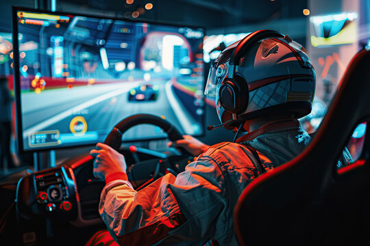 Young man in headphones with steering wheel playing car racing game at home