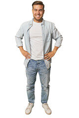 Full body portrait of a man in studio confident keeping hands on hips.