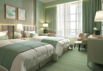 interior of a 5 star hotel room, modern style, twin room, pastel gray-green-beige colors, wide viewing angle
