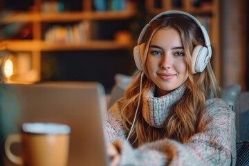 A young woman in a knitted sweater uses a laptop while wearing headphones in a café setting