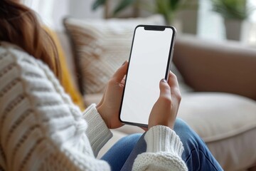 Close-up image focused on a woman's hands and a smartphone with blank screen, ideal for app presentation