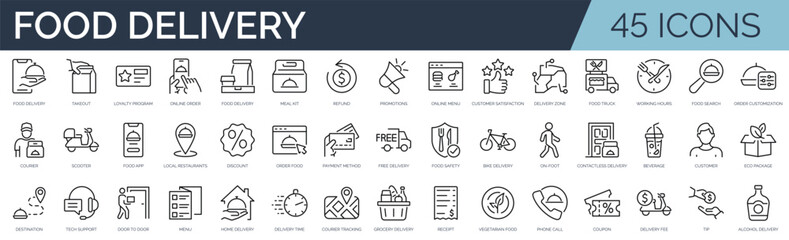 Set of 45 outline icons related to food delivery. Linear icon collection. Editable stroke. Vector illustration