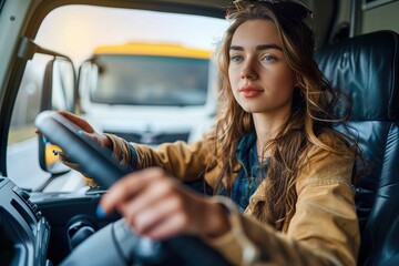 Portrait of a determined young woman driving a truck, showcasing independence and a modern-day profession