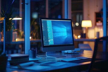 Fototapeta premium An office space at night with a computer displaying blue screen, accompanied by desk accessories