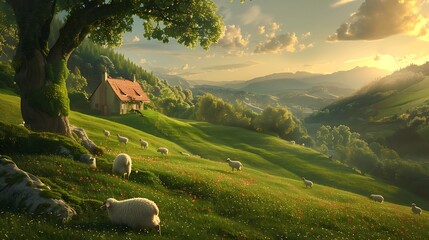 A tranquil countryside landscape with rolling hills, grazing sheep, and a quaint farmhouse nestled in the distance