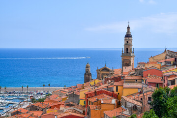 Fototapeta premium Aerial panoramic view of Menton Old Town and sea, South of France.