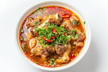 Spicy Pork Rib Soup in a bowl on white background top view