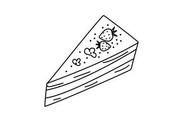 Food, dessert. Sweet pastries. Confectionery product, baked icon. Cafe. Cake, cheesecake, slice, drawing, doodle style.