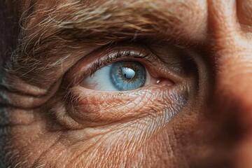 Highly detailed shot capturing the texture of an older person's skin and striking blue eye, focusing on visible signs of aging
