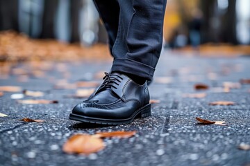Detailed shot of a person wearing a black shoe stepping on the pavement covered with autumn leaves