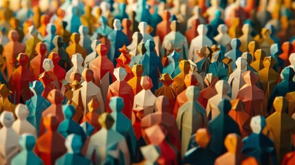 Fototapeta premium Vibrant crowd of diverse people in paper craft origami style representing overpopulation and demographic diversity