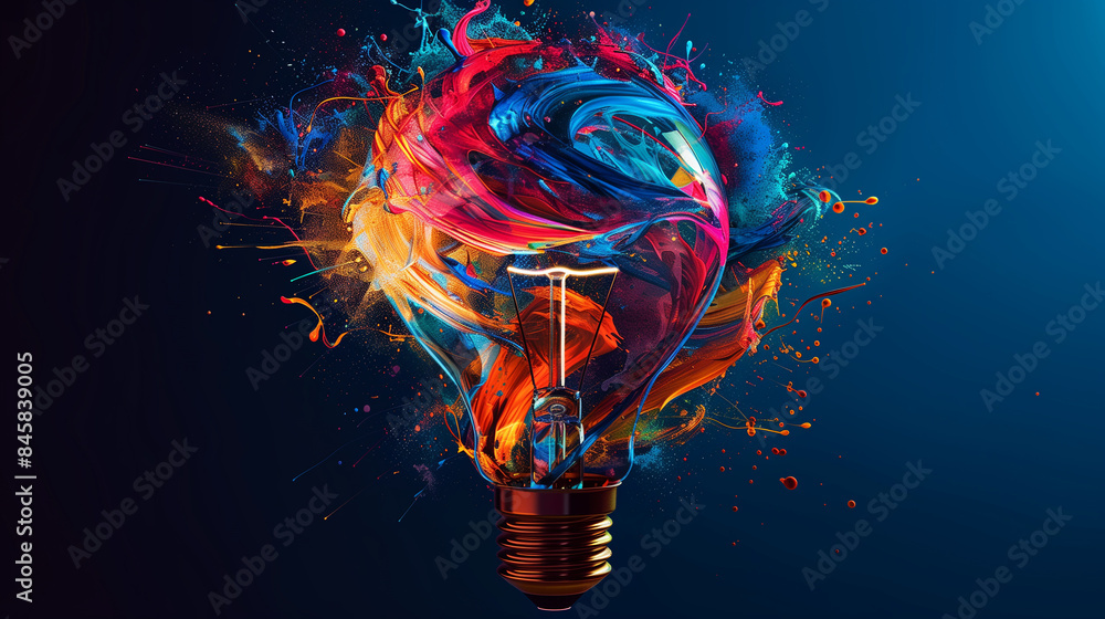 Poster Light bulb exploding with colorful paint splashing, concept of creativity