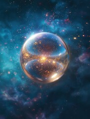 Fototapeta premium Floating Glass Sphere In Space. A mesmerizing glass sphere floating in a cosmic background, illuminated by stars and galactic elements.