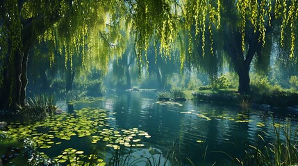 A tranquil pond surrounded by weeping willows, their branches gently swaying in the breeze