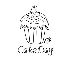 International Cake Day. Food, dessert. Sweet pastries. Confectionery product, baked icon. Cafe. Cake, muffin, berries. Cherry, strawberry. Drawing, doodles.