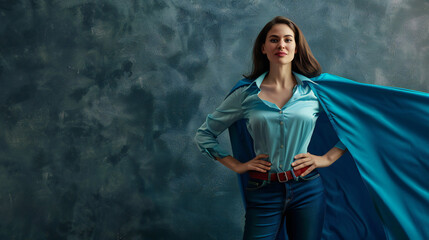 Brave woman keeps arms on hips, casting a superhero with blue cape .Ambition and business success concept. Leadership hero power, motivation.