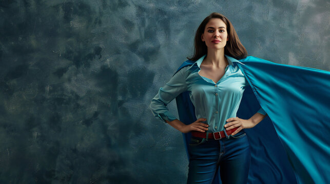Brave woman keeps arms on hips, casting a superhero with blue cape .Ambition and business success concept. Leadership hero power, motivation.