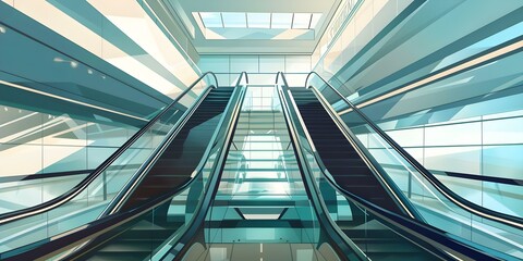 Obraz premium Modern cartoon of escalators in a shopping mall with glass railings. Concept Cartoon Illustration, Modern Design, Shopping Mall, Escalators, Glass Railings