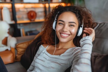 Happy young woman wearing headphones and enjoying music in a laid-back setting
