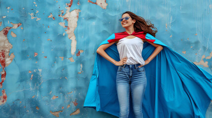 Brave woman keeps arms on hips, casting a superhero with blue cape .Ambition and business success concept. Leadership hero power, motivation.