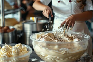 A chef is whisking a mixture in a large bowl possibly to make a dessert or sauce, focus on hand and whisk