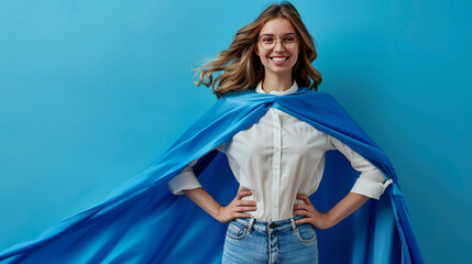 Brave woman keeps arms on hips, casting a superhero with blue cape .Ambition and business success concept. Leadership hero power, motivation.