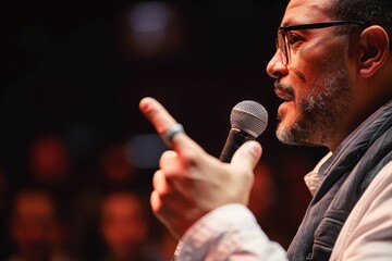 A selective focus shot captures a person holding a microphone while addressing an audience, symbolizing public speaking