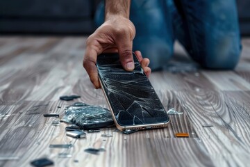 A hand is seen picking up a damaged smartphone with a shattered screen