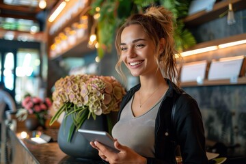 Young female florist in a casual outfit uses a digital tablet surrounded by blooms in a cozy flower shop