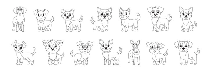 Collection of cute puppy in doodle style. Hand drawn vector art.