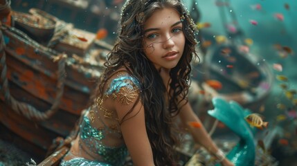 A woman in a mermaid costume is swimming in a murky ocean