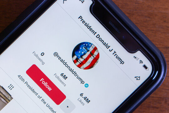 Vancouver, CANADA - Jun 10 2024 : President Donald J Trump TikTok account (@realdonaldtrump) seen in an iPhone screen.