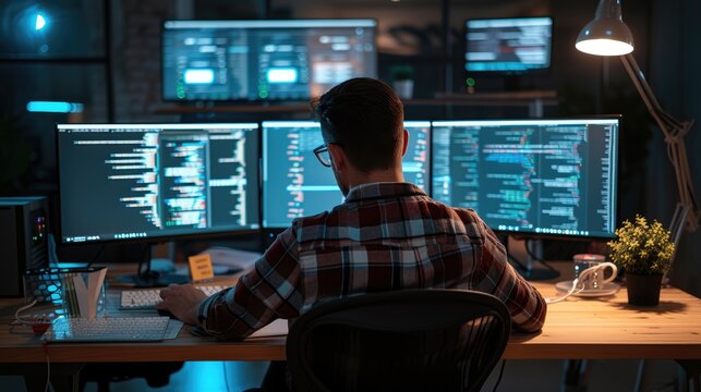 A software developer works on code late into the night, illuminated by the glow of multiple computer screens in a modern office. AIG41