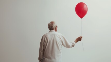 Elderly man holding a red balloon while standing against a plain gray background, perfect for creating banners and greeting cards with plenty of copy space. concept of a single