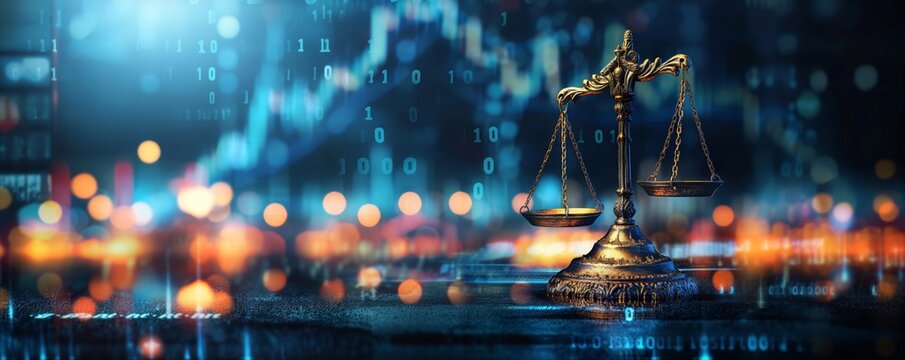 Scales of justice with digital backdrop