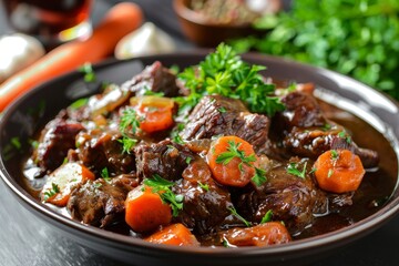 Tasty beef stew with wine carrots onion and parsley