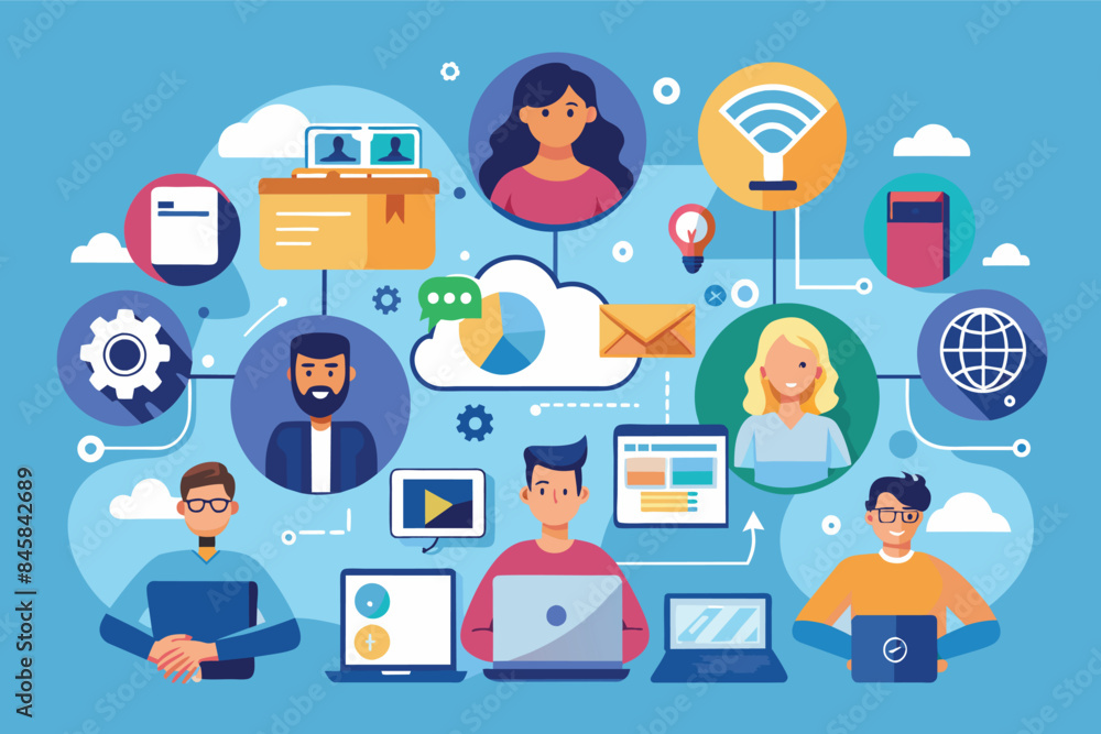 Poster a diverse team collaborates using laptops and a cloud-based platform in a digital office space, repr