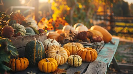 Beautiful pumpkin on wooden table in farm in Autumn